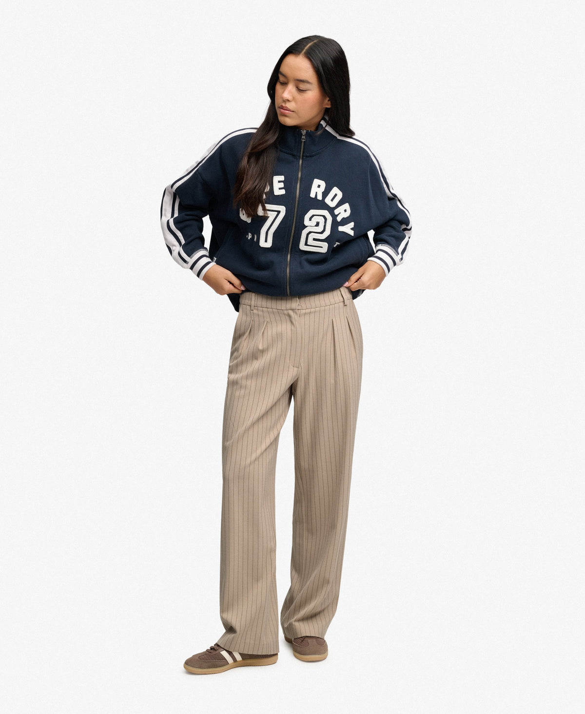 Superdry Mid Rise Pinstripe Trousers - Beige Pinstripe