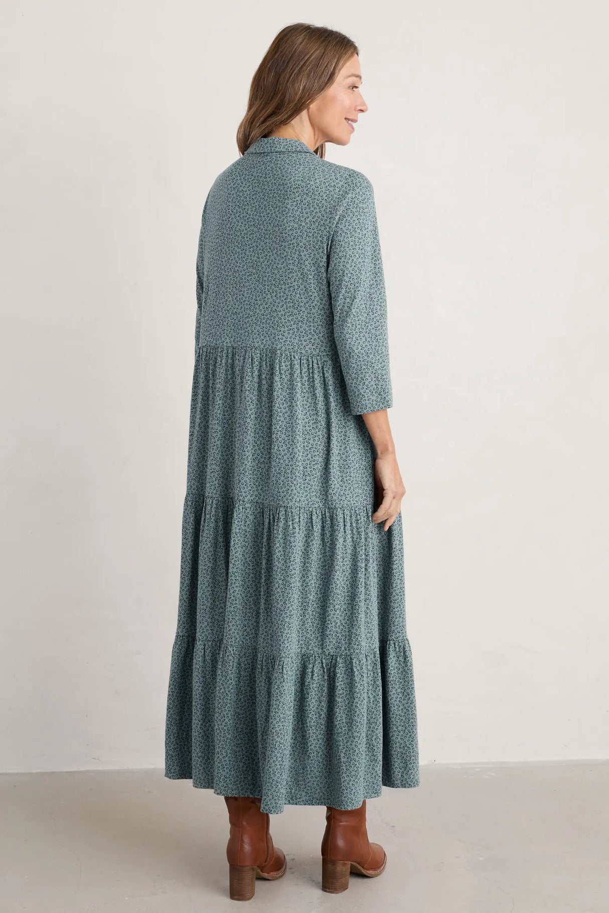 Seasalt Windflower 3/4 Sleeve Tiered Dress - Dotty Leaves Lichen