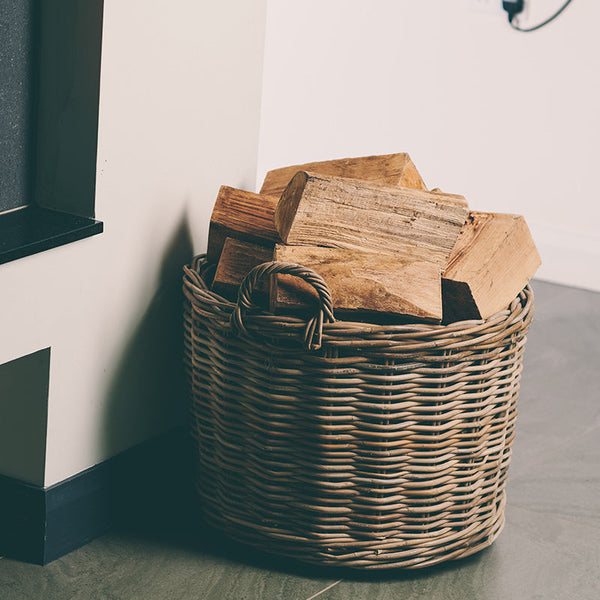 Grey & Buff Rattan Wheeled Wicker Log Basket