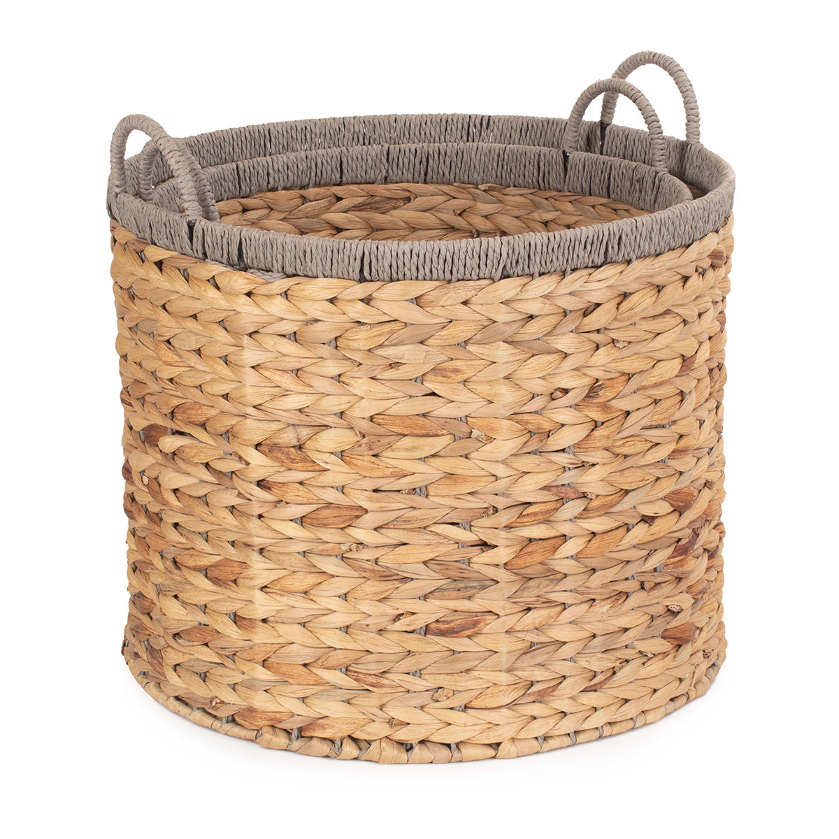 Round Water Hyacinth Storage Baskets With Grey Rope Border Set 2