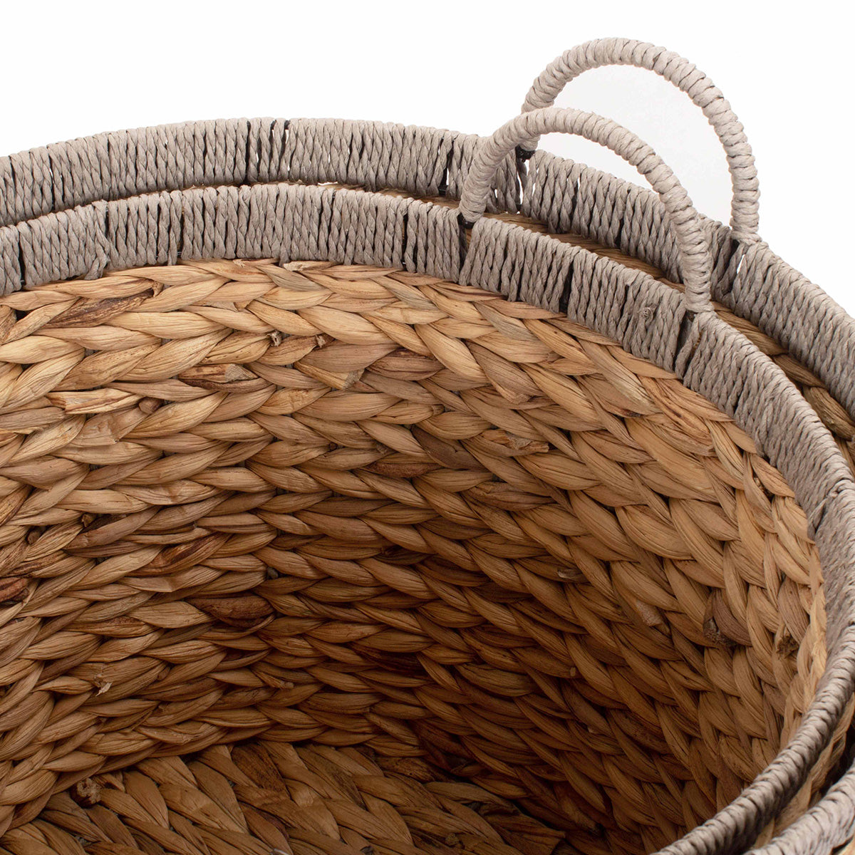 Round Water Hyacinth Storage Baskets With Grey Rope Border Set 2