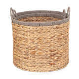 Round Water Hyacinth Storage Baskets With Grey Rope Border Set 2