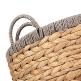 Round Water Hyacinth Storage Baskets With Grey Rope Border Set 2