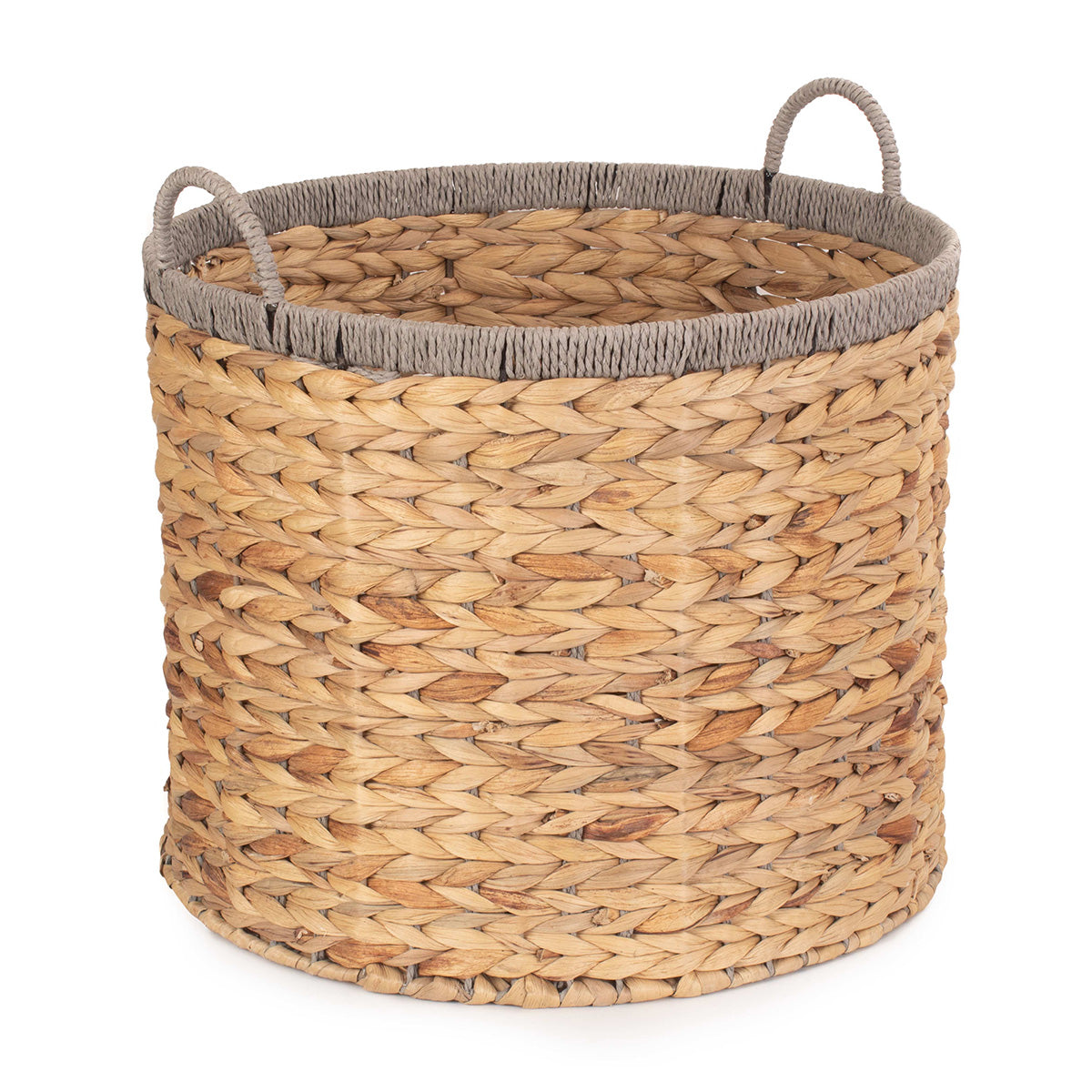 Round Water Hyacinth Storage Baskets With Grey Rope Border Set 2