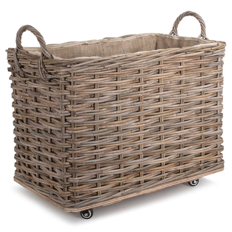 Small Wheeled Rattan Cordura Lined Log Basket