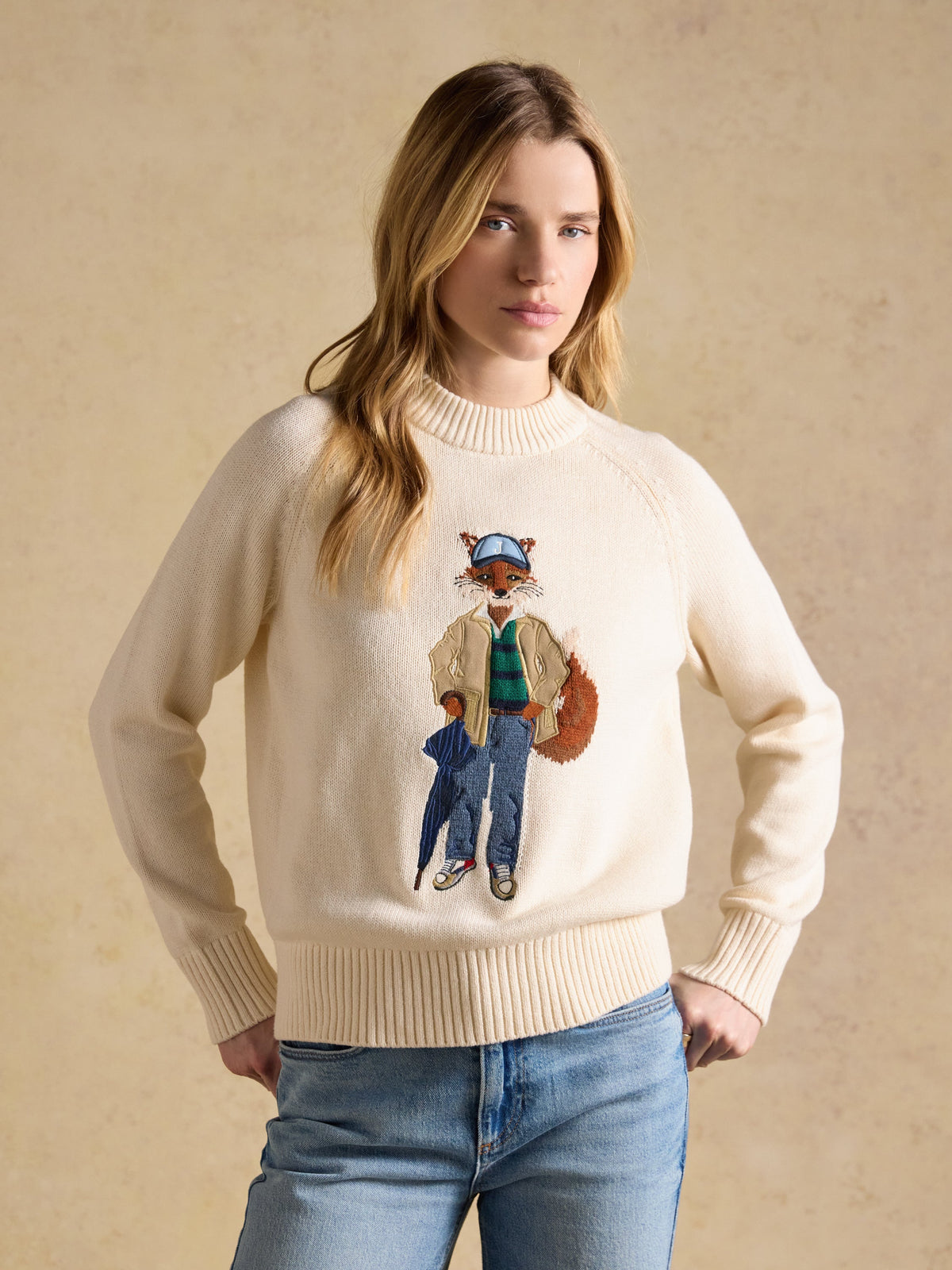 Joules Jonty Fox Embroidered Crew Neck - Cream