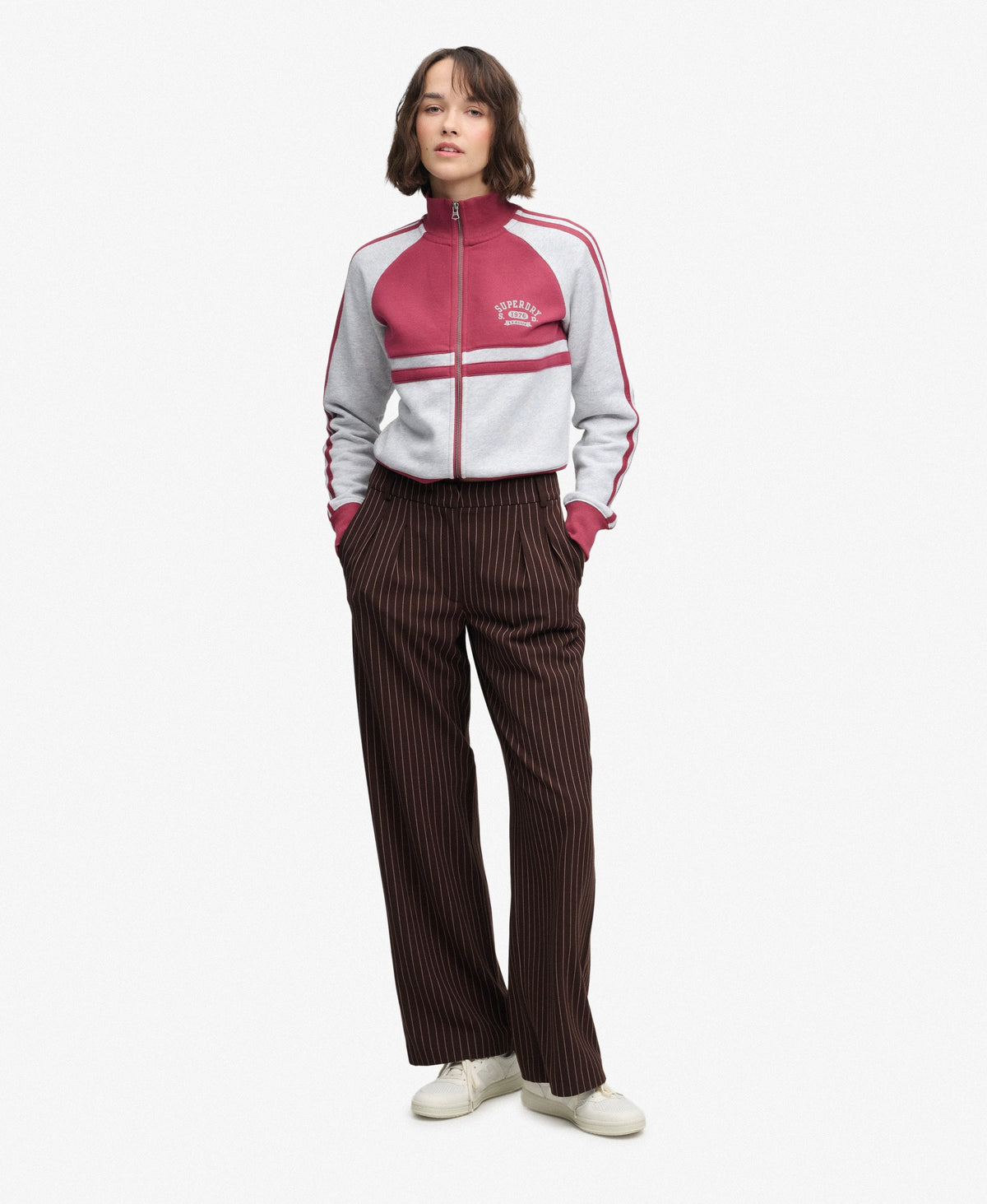 Superdry Mid Rise Pinstripe Trousers - Brown Pinstripe