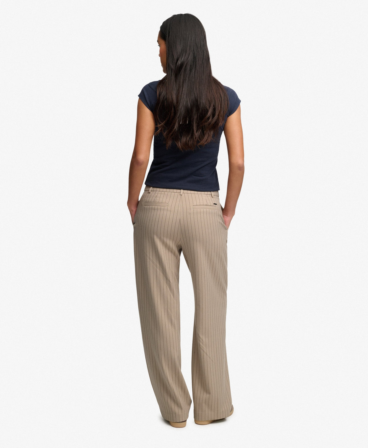 Superdry Mid Rise Pinstripe Trousers - Beige Pinstripe