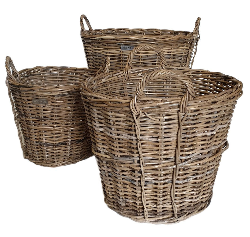 Set of 3 Round Grey Log Baskets with Side Trim Detail