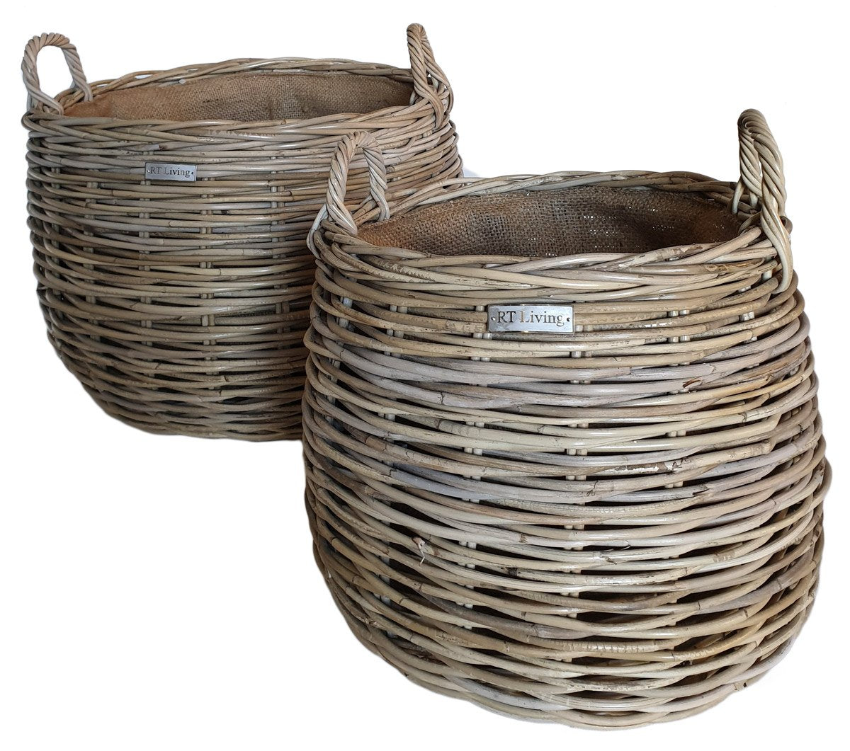 Set of 2 Round Grey Belly Log Baskets with Jute Liner