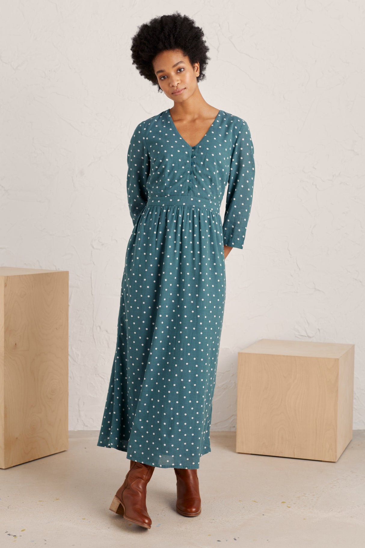 Seasalt 3/4 Feather Slate Dress - Spot Dusky Jade