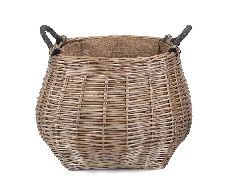 Curve-sided Antique Wash Hessian Lined Log Basket