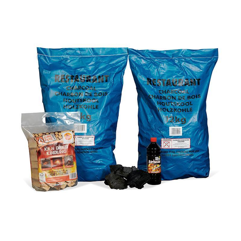 2x Charcoal (12kg), 1x Lighter Fluid (1 Litre), 1x Kindling Carrypack