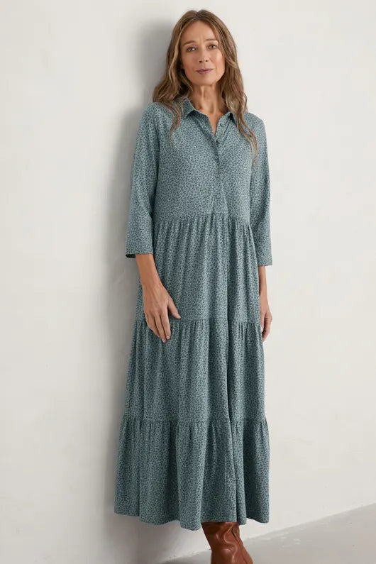 Seasalt Windflower 3/4 Sleeve Tiered Dress - Dotty Leaves Lichen