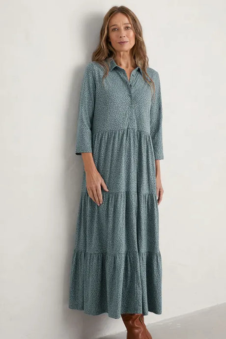 Seasalt Windflower 3/4 Sleeve Tiered Dress - Dotty Leaves Lichen