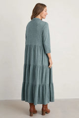 Seasalt Windflower 3/4 Sleeve Tiered Dress - Dotty Leaves Lichen